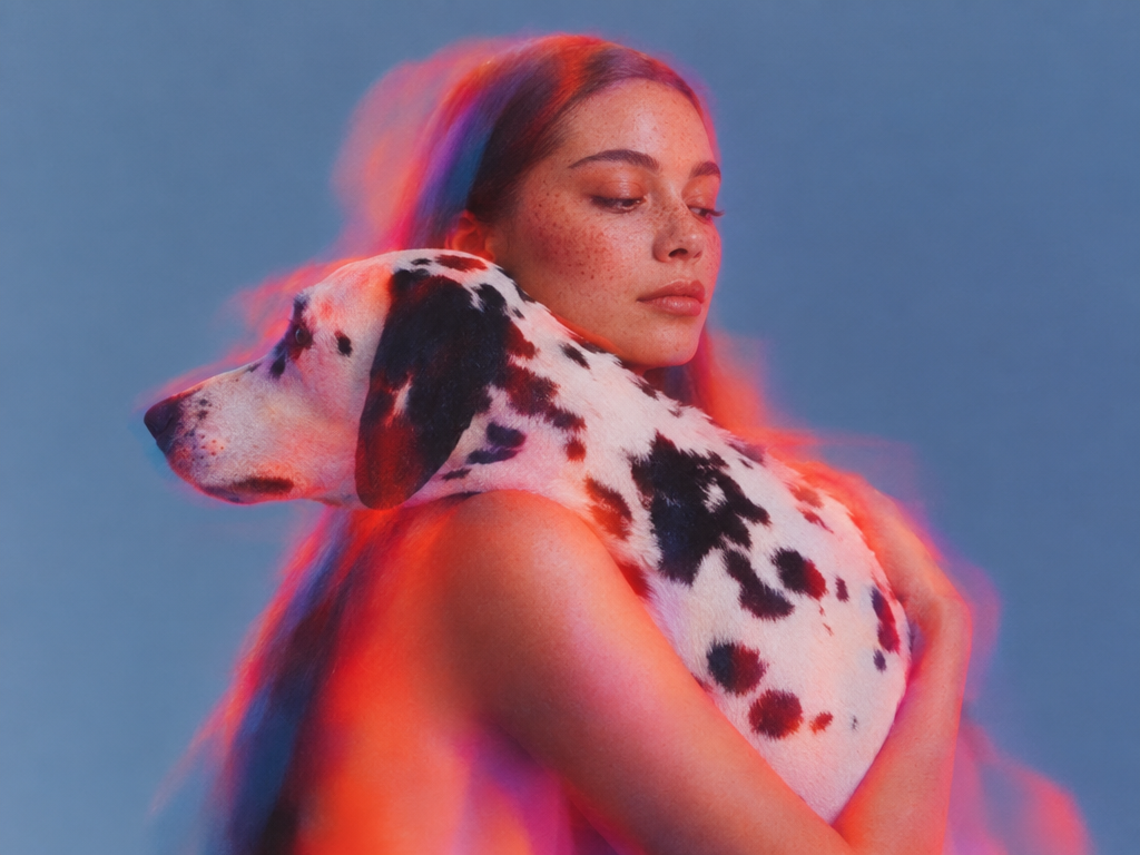 A woman holding a Dalmatian in red and blue light